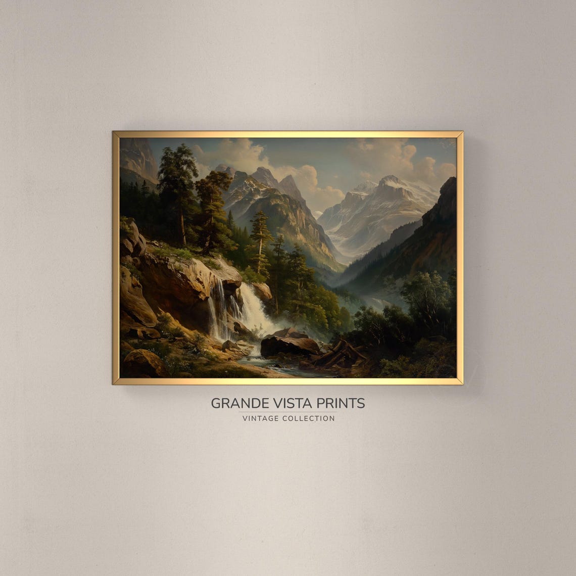 Alpine Waterfall Forest Canyon Snow Capped Peaks Vintage Travel Poster