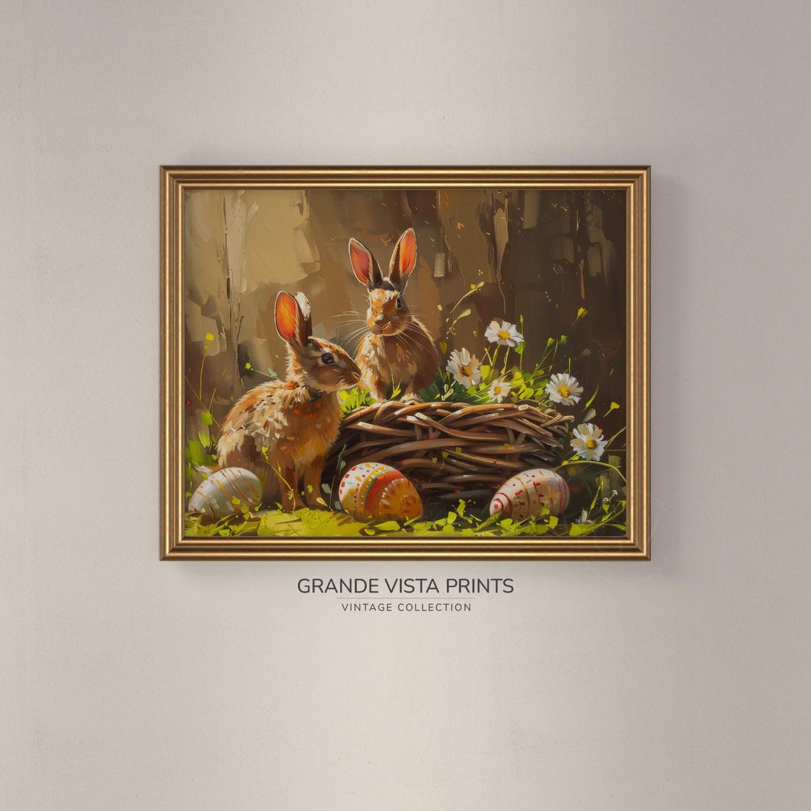 Two Easter Bunnies Nest Painted Eggs Daisies Spring Art Poster - Image 3