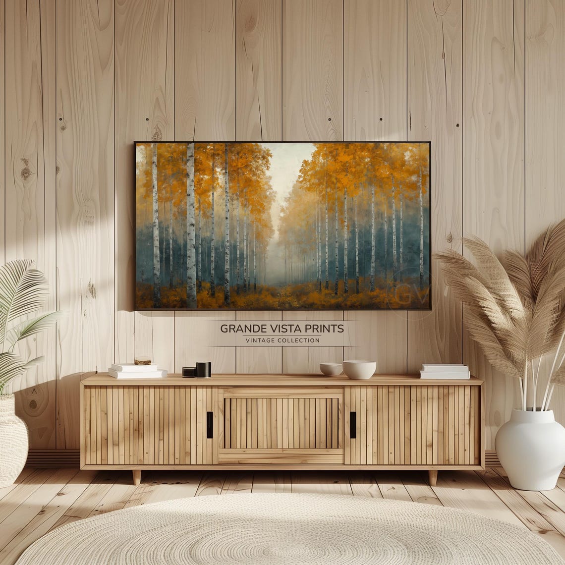 Orange Canopy Birch Forest Misty Blue Autumn Vintage Wall Art - Image 2