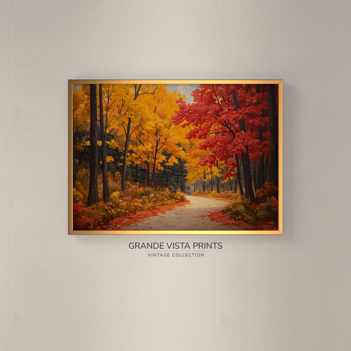 Autumn Lane Yellow Birch and Red Maple Trees Fallen Leaf Carpet Poster