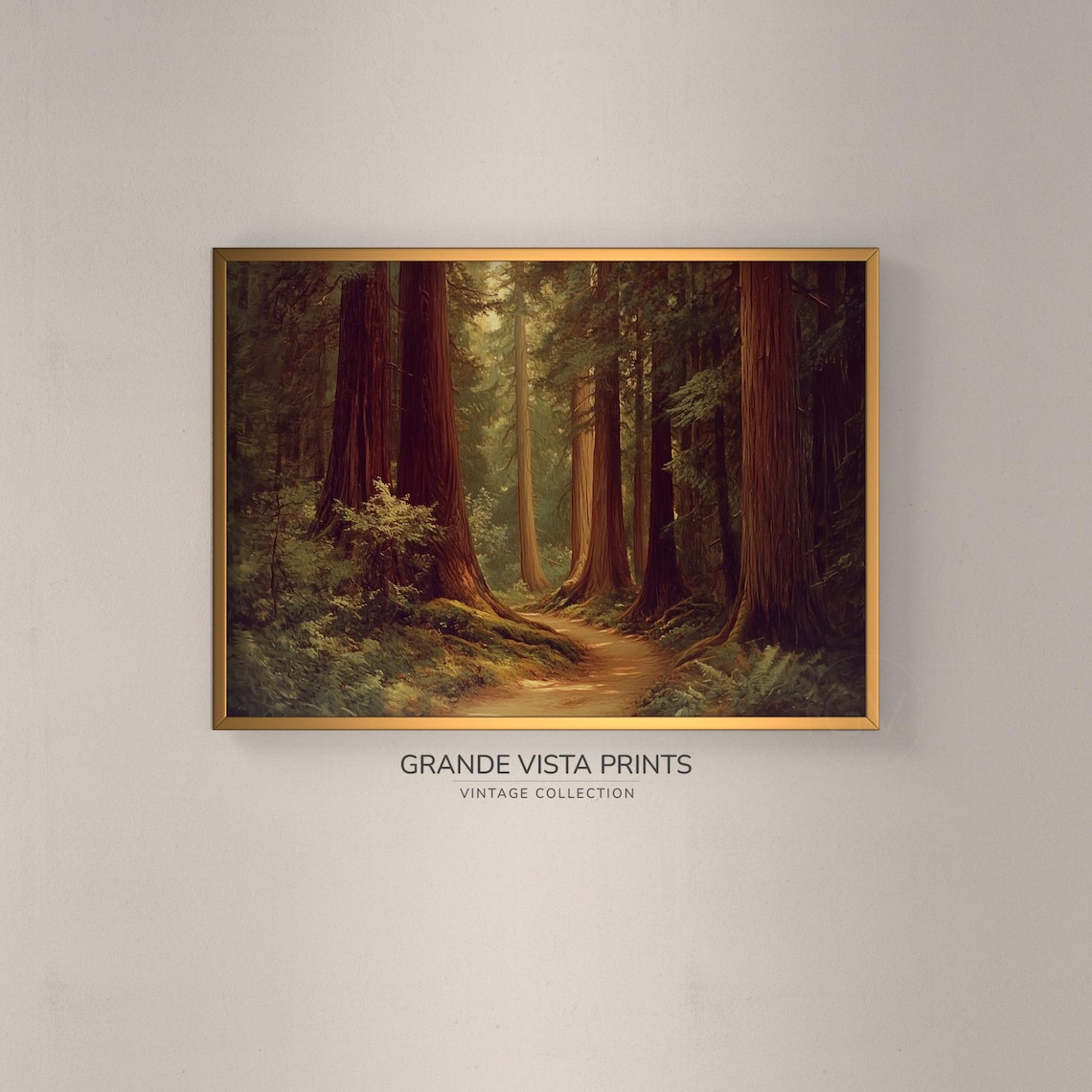 Redwood Forest Trail Towering Trees Sunlight Vintage Painting Poster