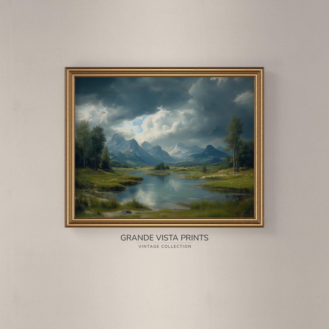 Mountain Lake Valley Dramatic Clouds Green Meadow Vintage Poster - Image 3