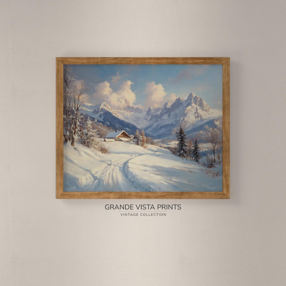 Snowy Alpine Village Cabins Winter Valley Vintage Mountain Poster - Image 4