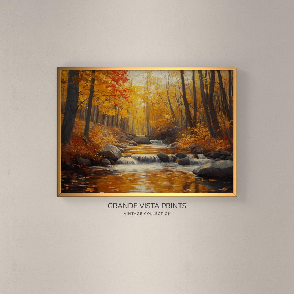 Autumn Stream With Cascading Falls Over Rocks Golden Forest Art Poster