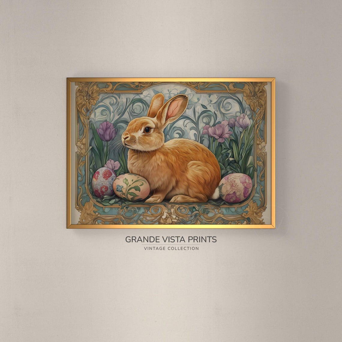Golden Rabbit Painted Eggs Tulips Art Nouveau Floral Border Poster