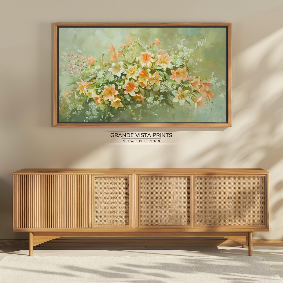 Peach Lily Blossom Still Life Wildflower Green Vintage Painting Poster - Image 4