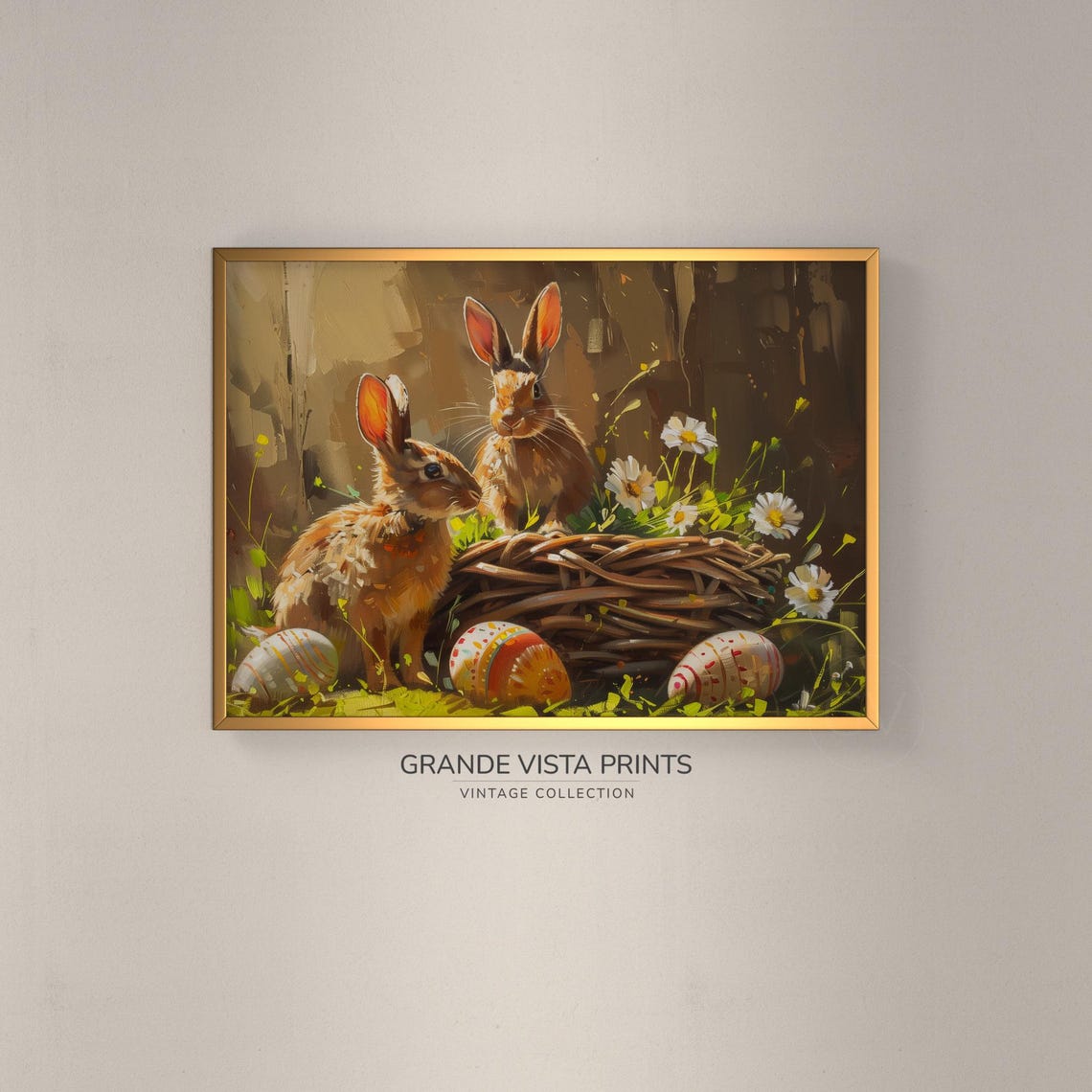 Two Easter Bunnies Nest Painted Eggs Daisies Spring Art Poster