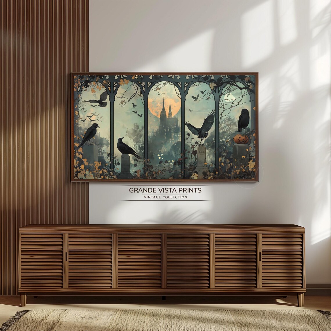 Spooky Halloween Crows Tombstones Gothic Window Haunted Moon Night Poster - Image 3