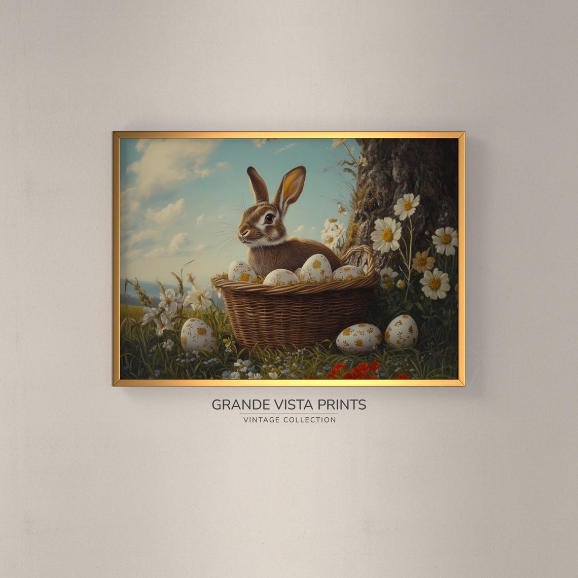 Brown Rabbit Easter Basket Painted Eggs Daisies Vintage Art Print