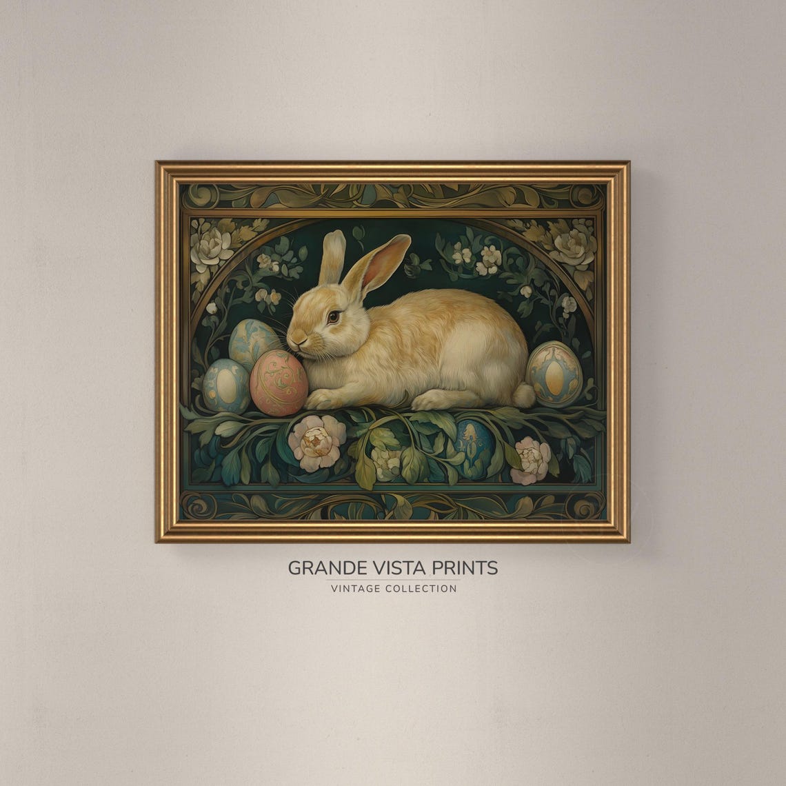 Cream Rabbit Ornate Floral Border Painted Easter Eggs Vintage Poster - Image 3