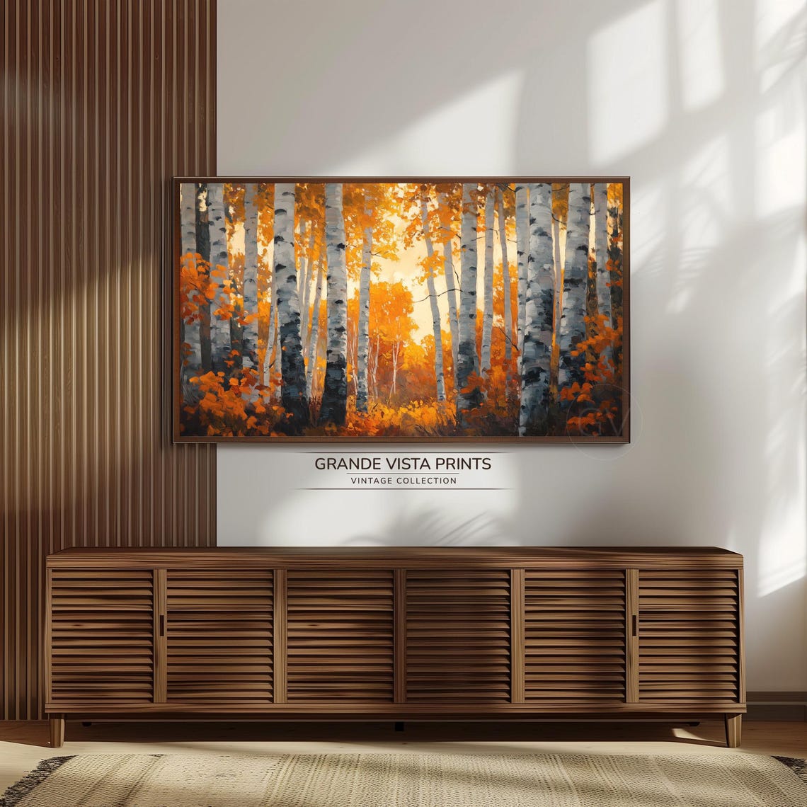 Fiery Orange Birch Forest White Trunks Sunburst Vintage Poster - Image 3