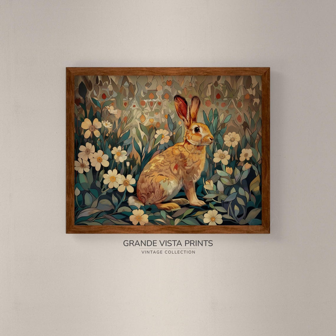 Amber Rabbit in White Daisy Meadow Art Nouveau Style Easter Wall Art - Image 4