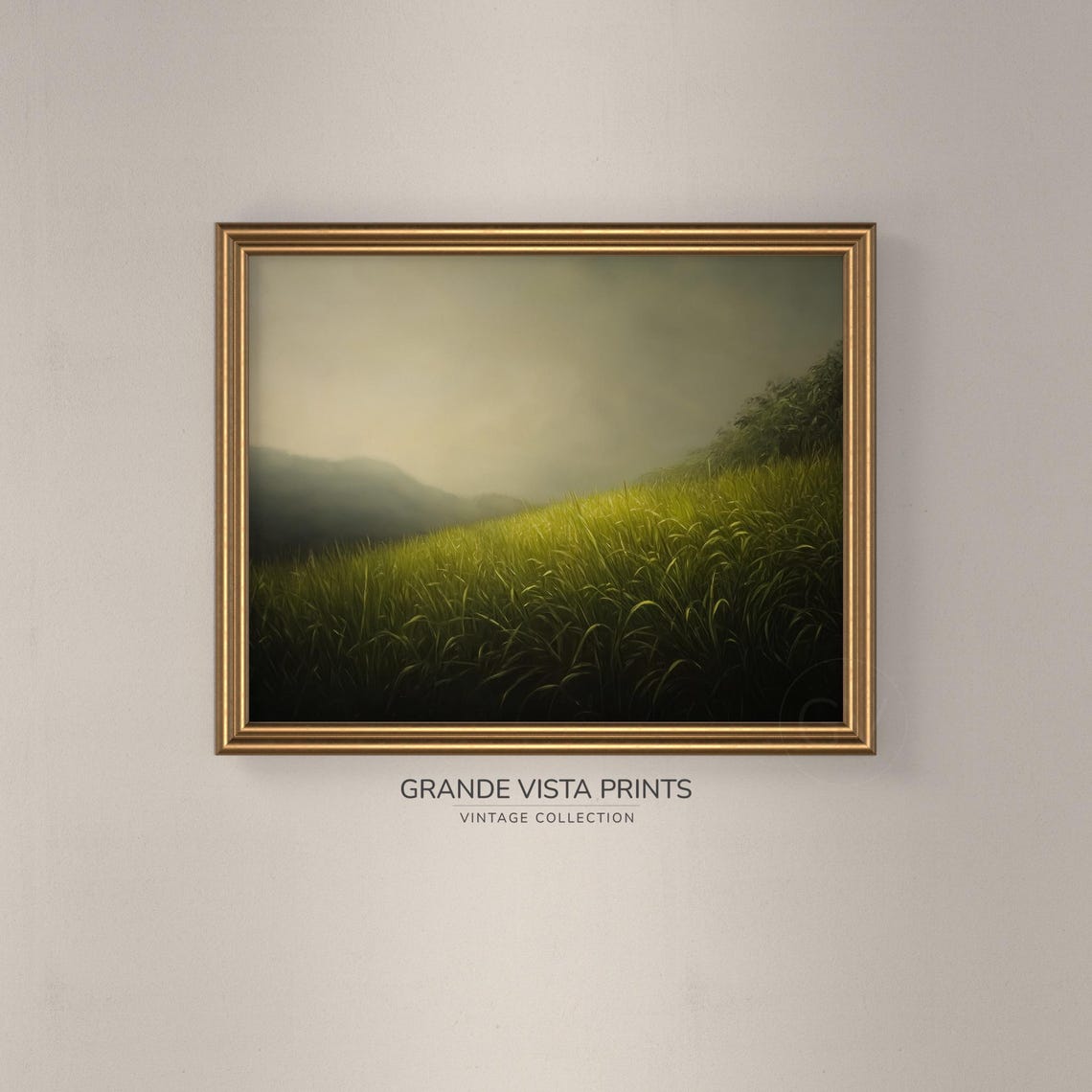 Misty Green Meadow Hillside Soft Fog Minimal Vintage Landscape Poster - Image 3