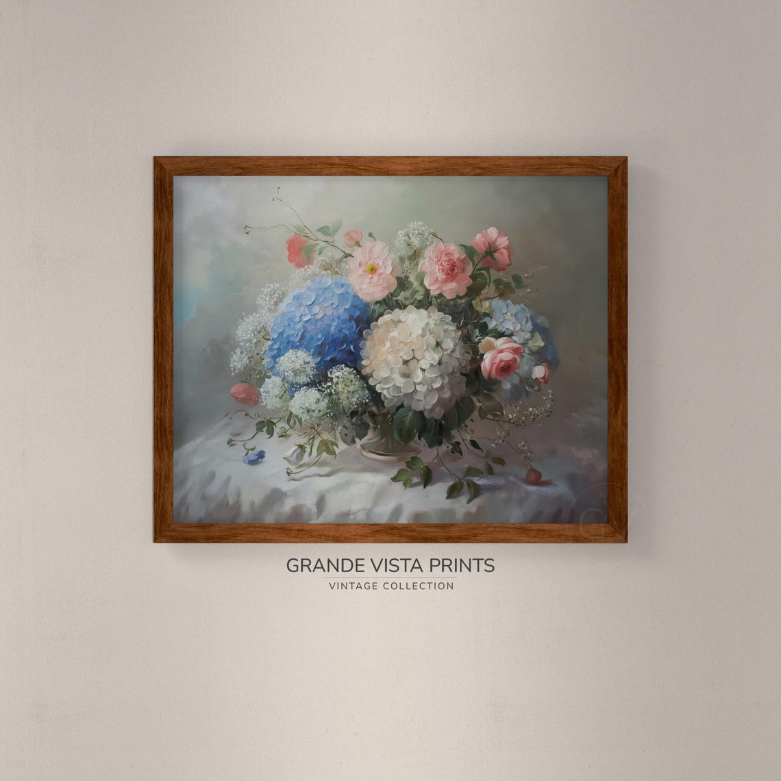 Blue White Hydrangeas Pink Roses Glass Vase Bouquet Floral Wall Poster - Image 4