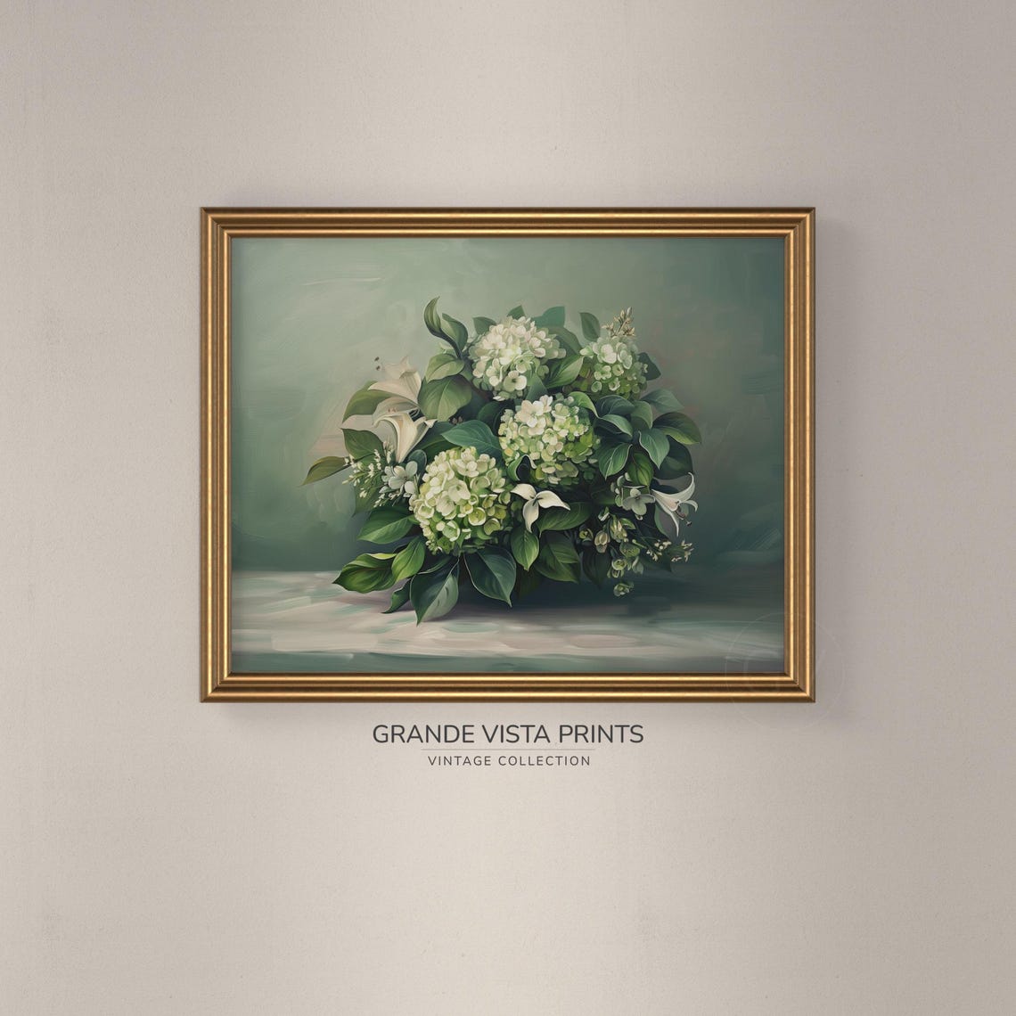 White Hydrangeas White Lilies Green Leaves Sage Vintage Floral Poster - Image 3