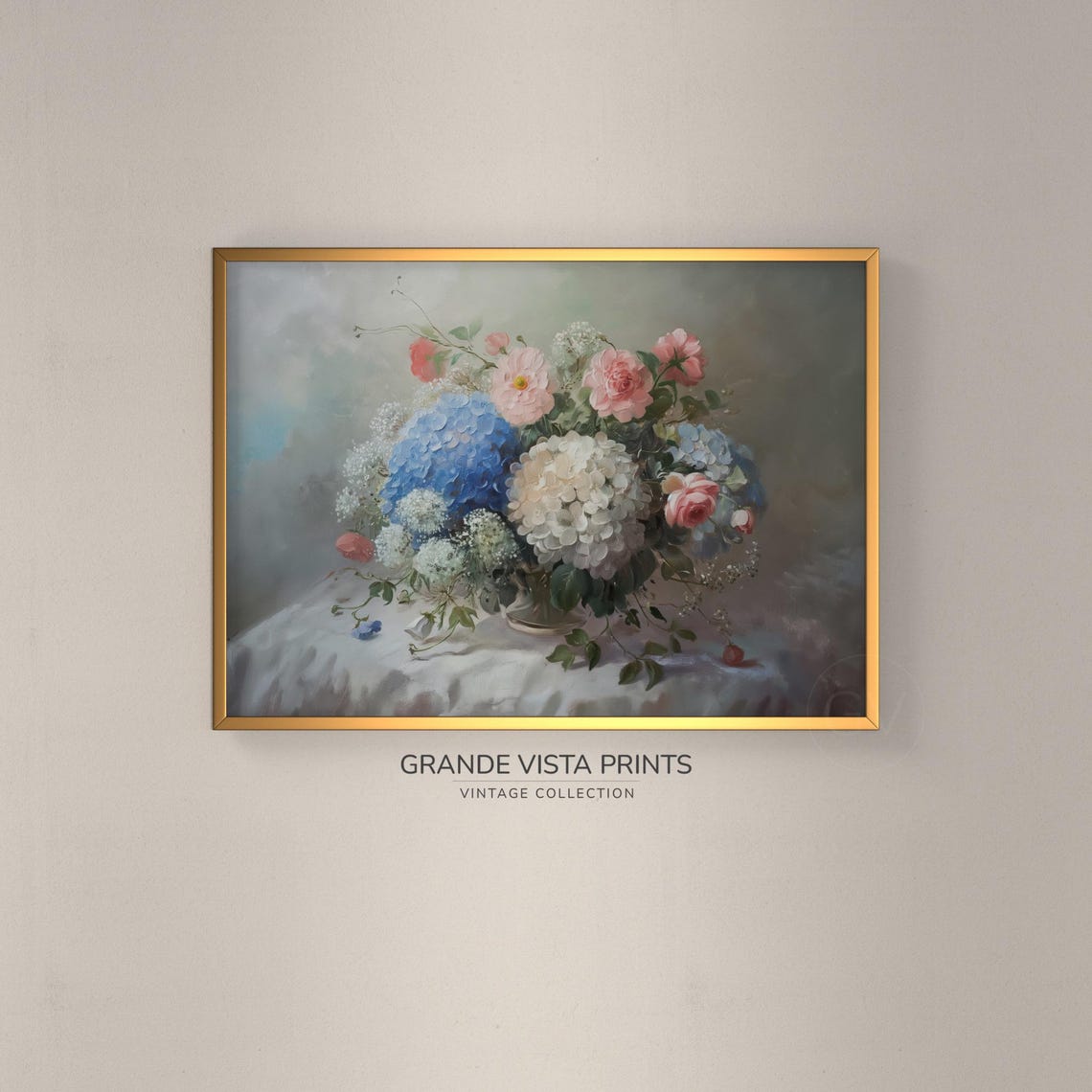 Blue White Hydrangeas Pink Roses Glass Vase Bouquet Floral Wall Poster
