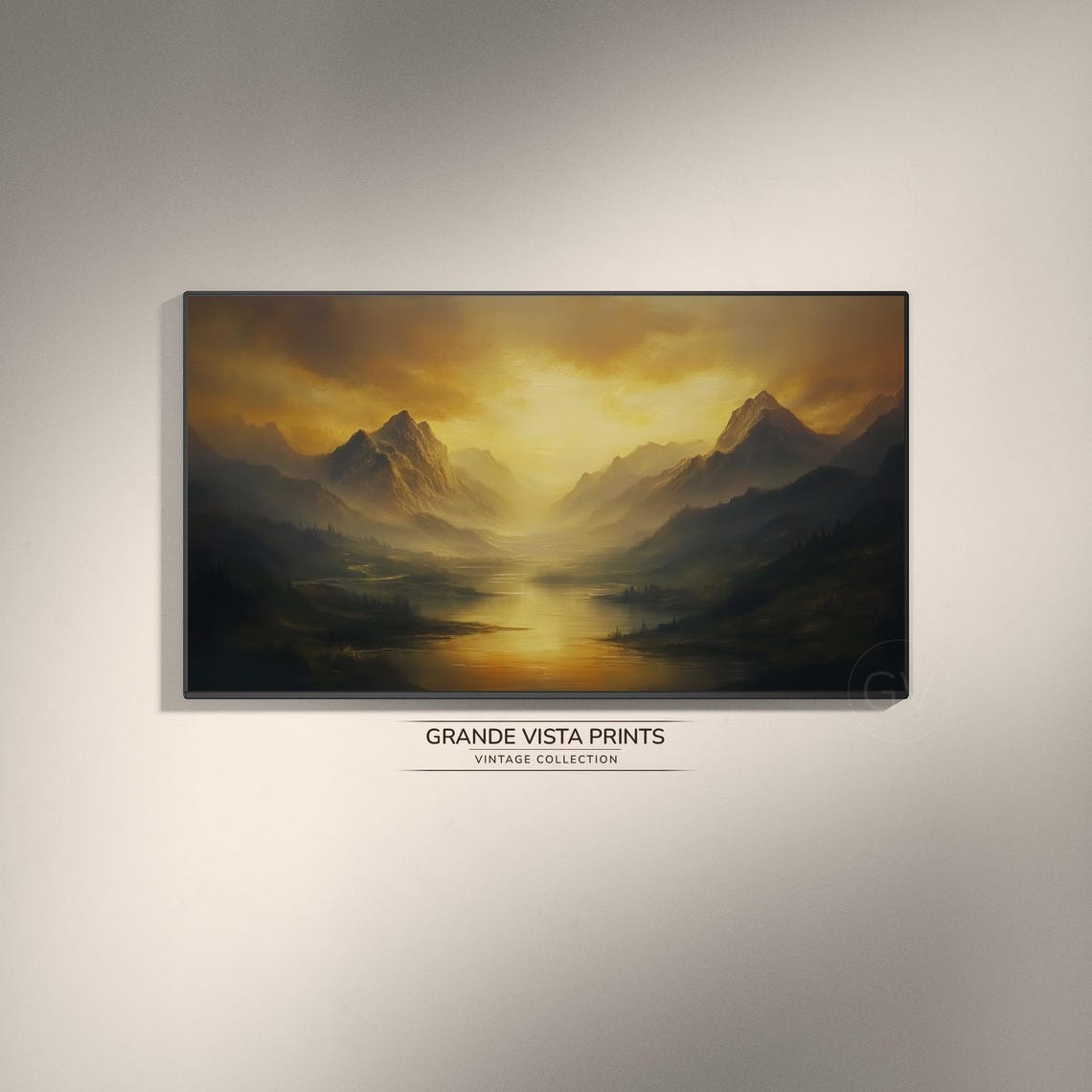 Golden Mountain Valley Sunrise Lake Reflection Panoramic Travel Poster