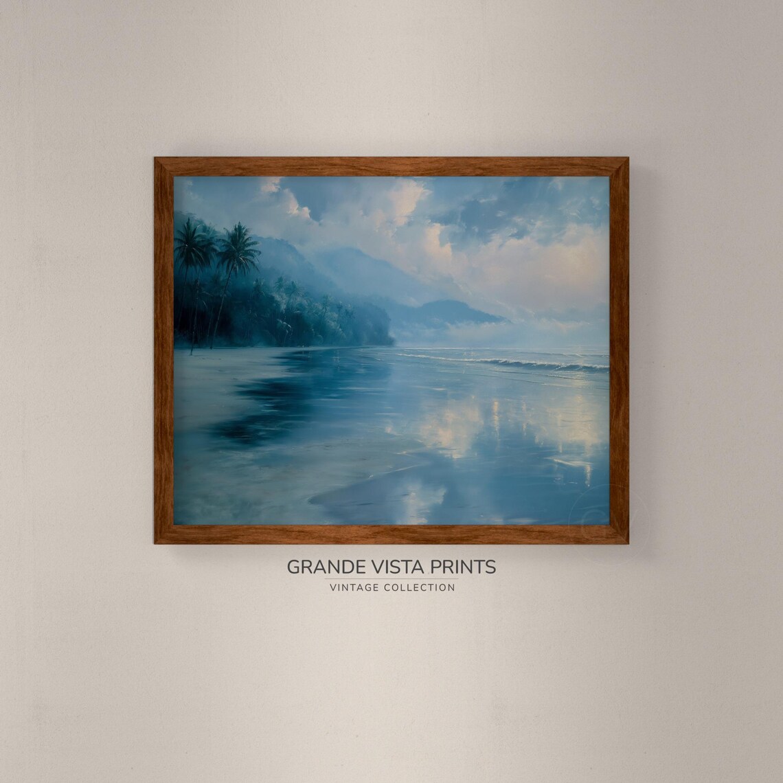 Blue Tropical Beach Palms Mountain Mirror Water Serene Travel Poster - Image 4