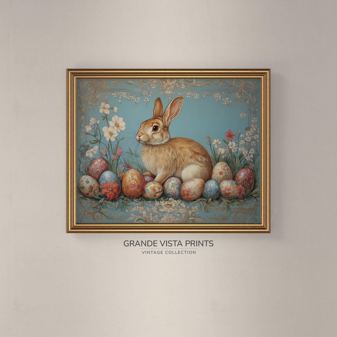 Tan Rabbit Painted Easter Eggs Teal Blue Vintage Spring Wall Art - Image 3