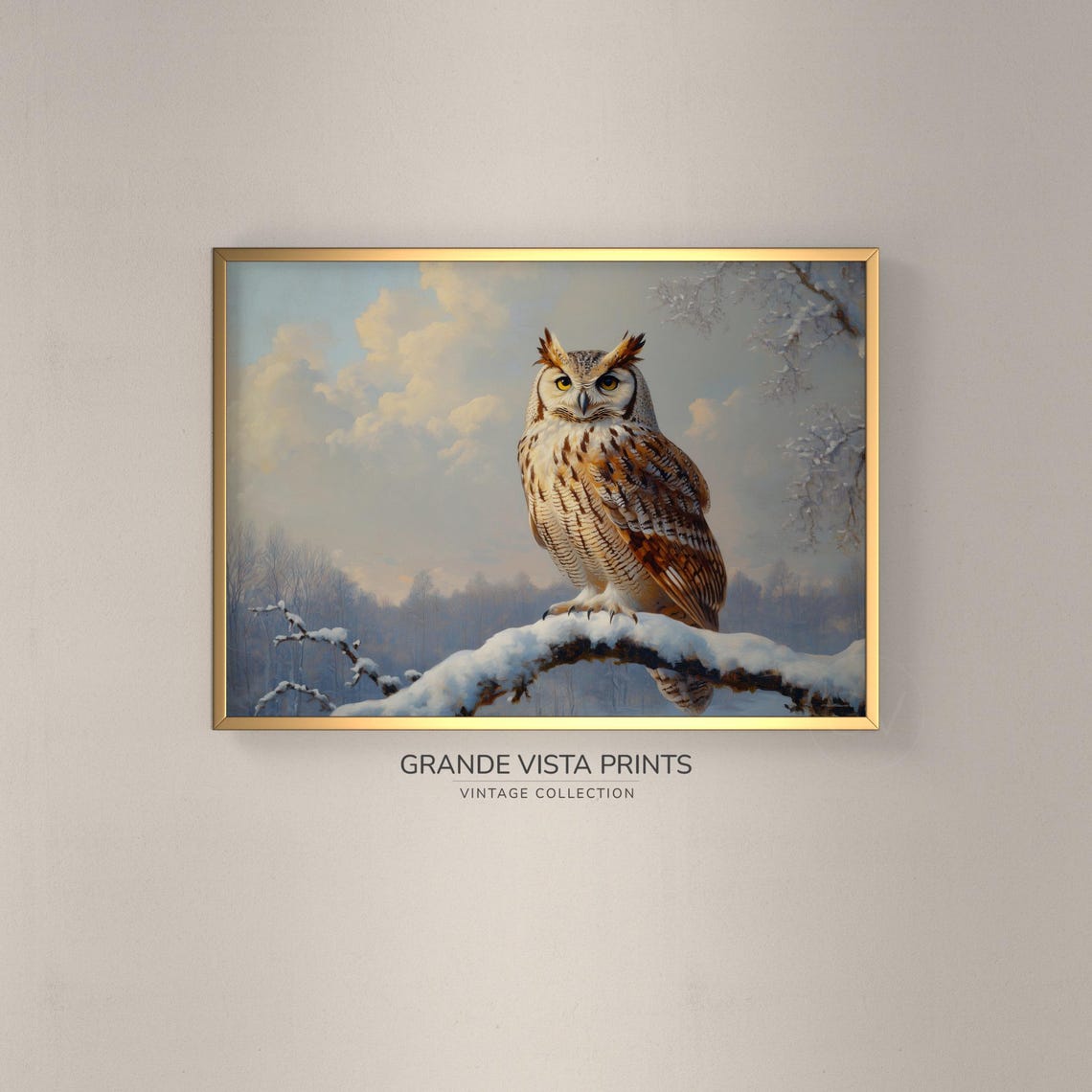 Great Horned Owl Snowy Branch Winter Wildlife Painting Poster