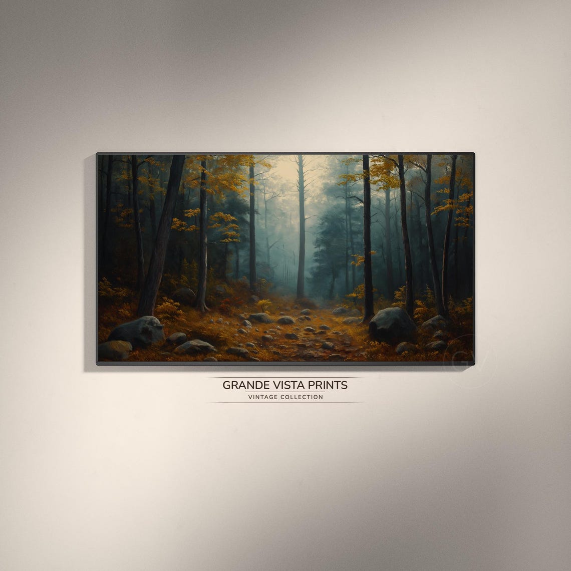 Dark Autumn Woods Golden Canopy Rocks Moody Vintage Forest Poster