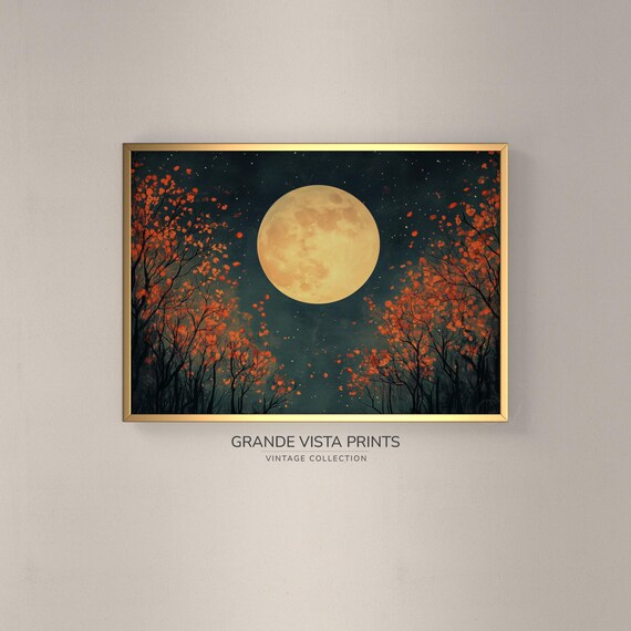 Harvest Moon Glowing Over Autumn Trees Starry Fall Night Sky Poster