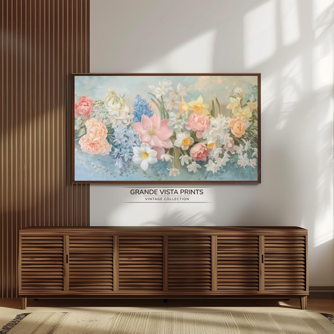 Pastel Spring Bouquet Pink Amaryllis Blue Hyacinth Vintage Art Print - Image 3