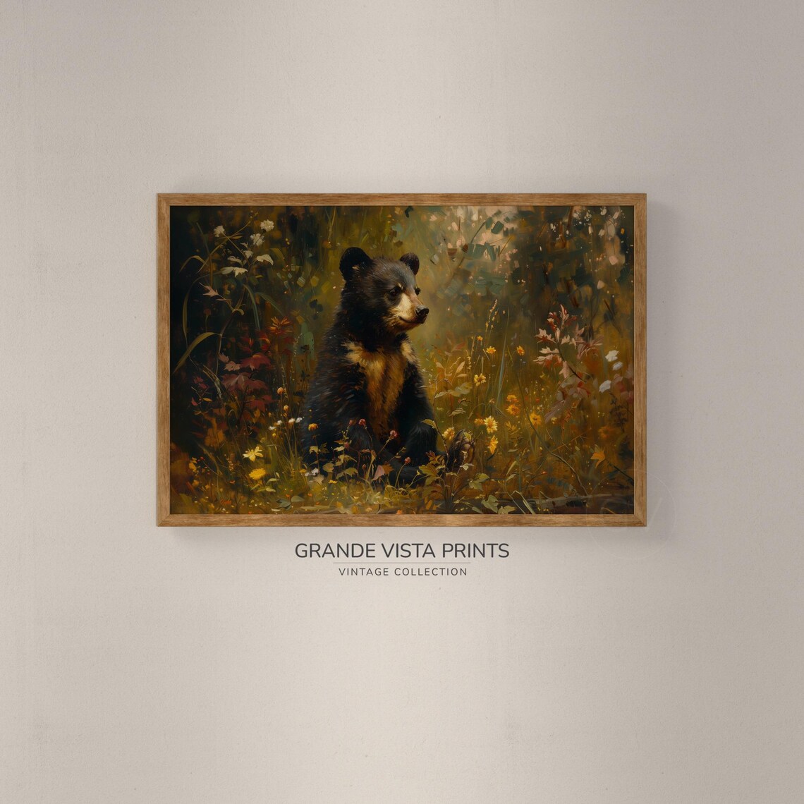 Black Bear Cub Golden Meadow Vintage Wildlife Portrait Wall Poster - Image 2