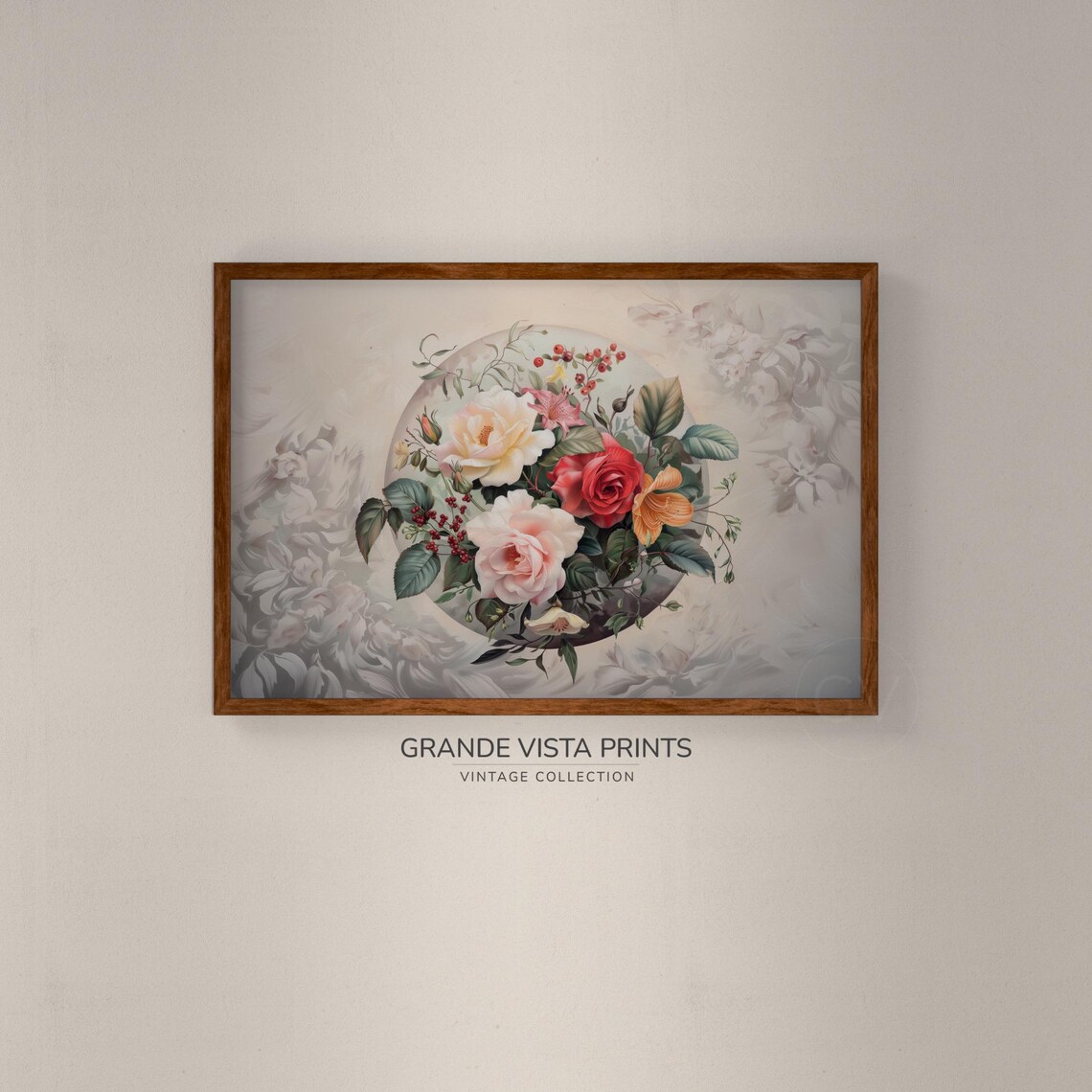 Blush Pink Red White Roses Bouquet with Lilies Vintage Floral Poster - Image 2