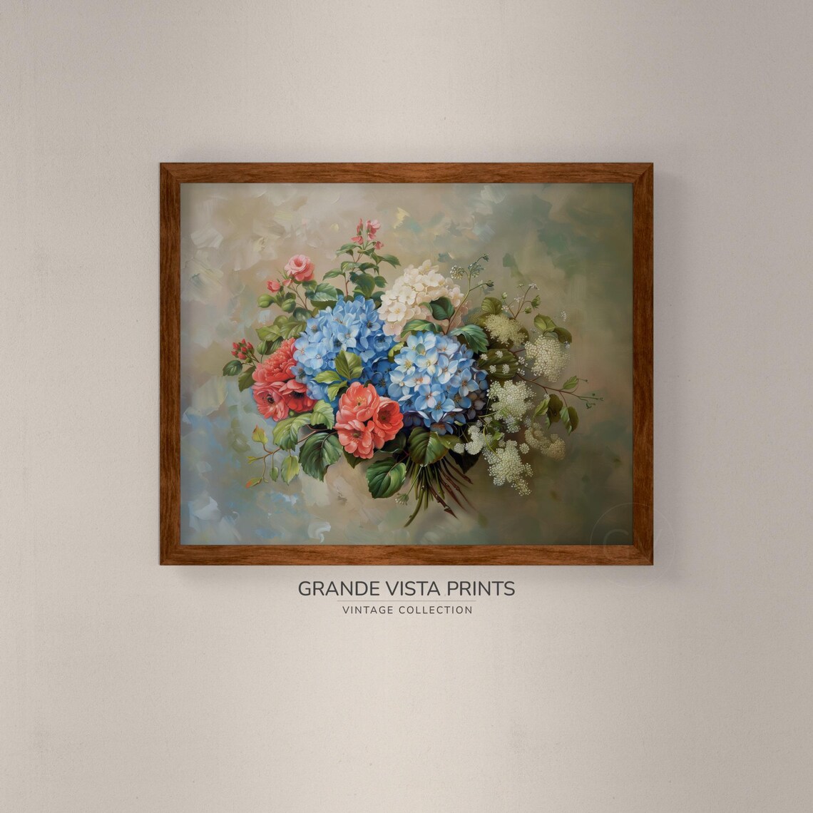 Blue Hydrangeas Coral Roses White Filler Bouquet Vintage Floral Poster - Image 4