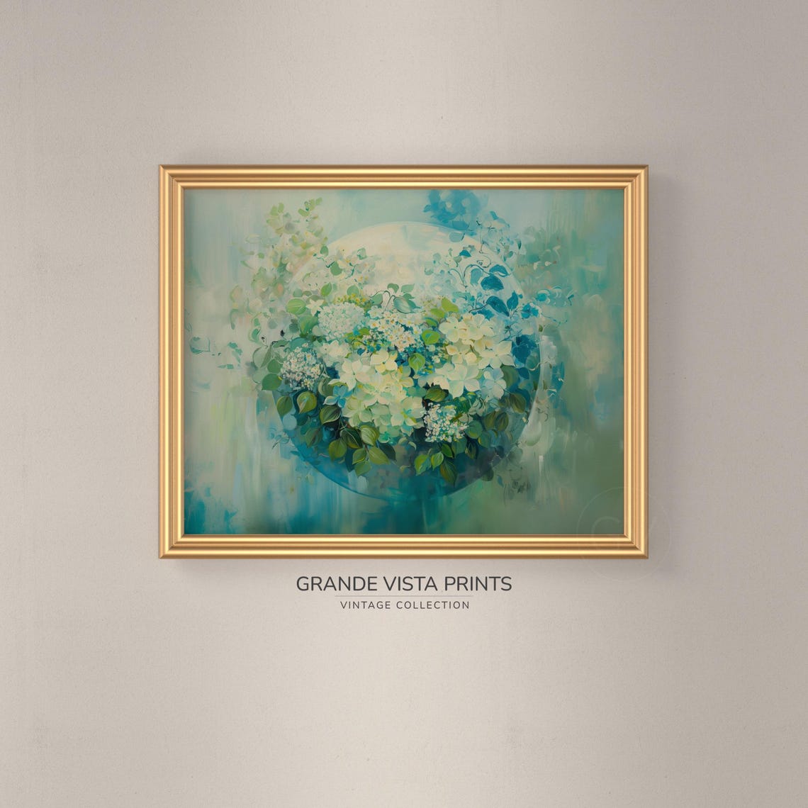 Green White Blossom Wreath Circle Watercolor Botanical Floral Wall Art - Image 3