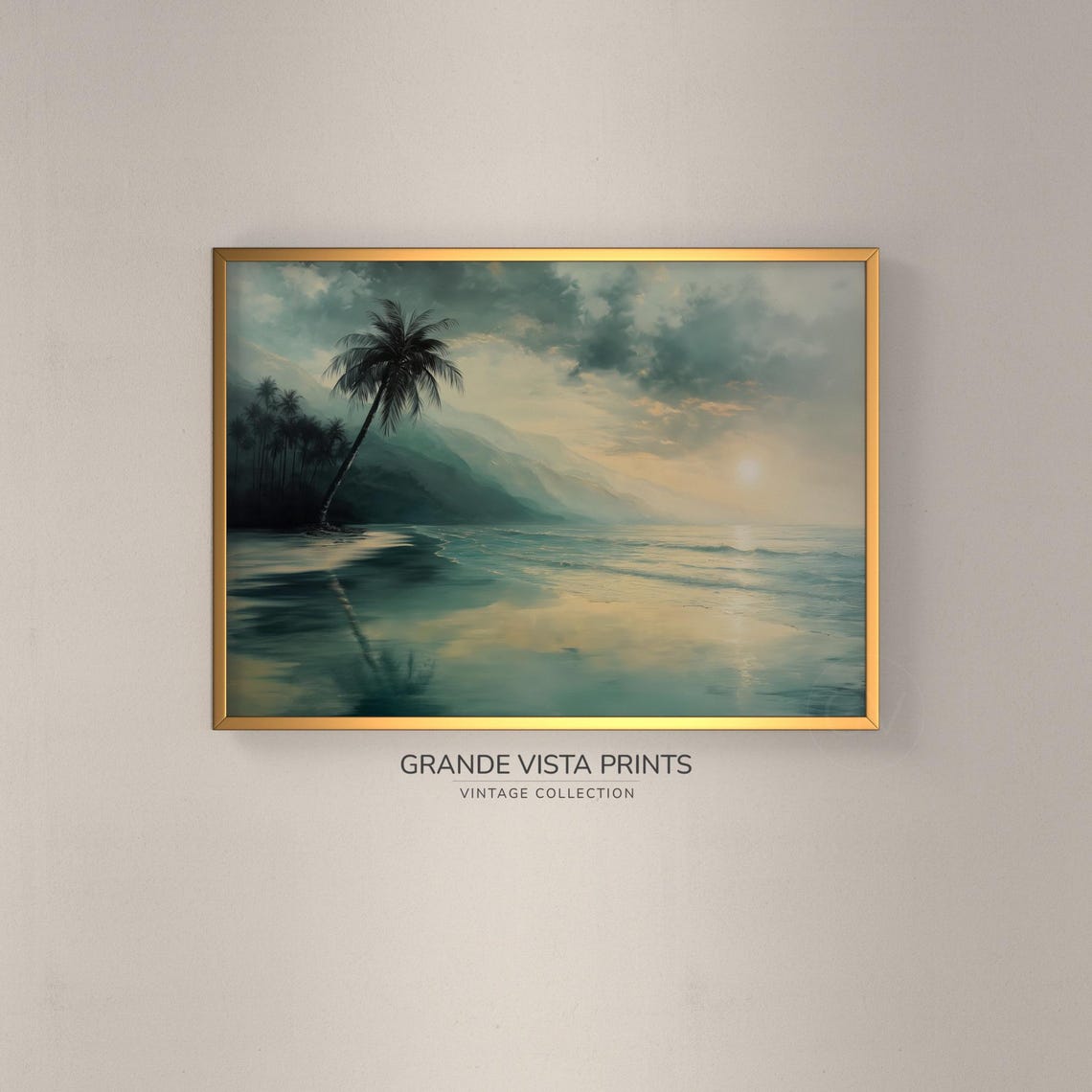 Tropical Palm Beach Misty Mountain Sunrise Teal Coast Travel Poster