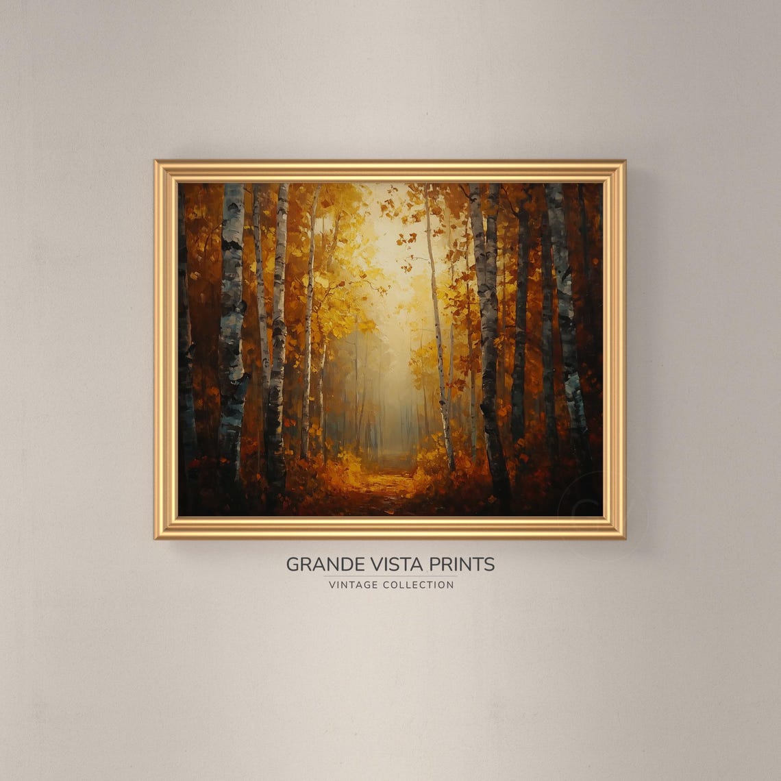 Misty Golden Birch Forest Sunlit Path Amber Vintage Wall Art - Image 3