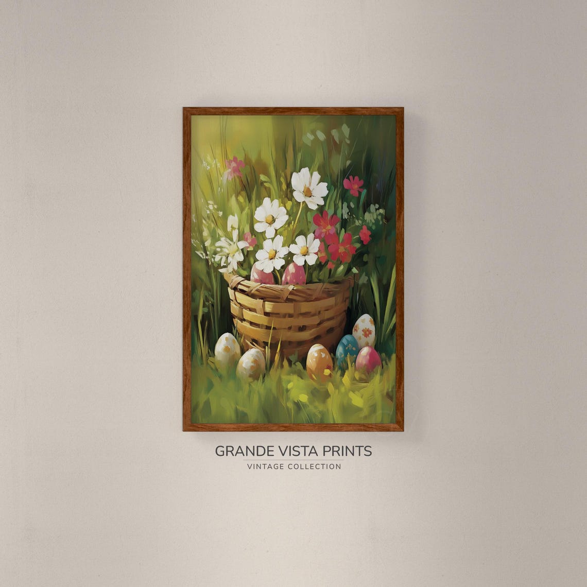 Easter Basket Pink Eggs White Cosmos Spring Meadow Vintage Poster - Image 2