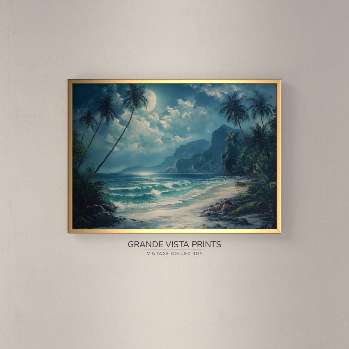 Tropical Moonlit Beach Palm Shore Cliffs Ocean Waves Travel Poster