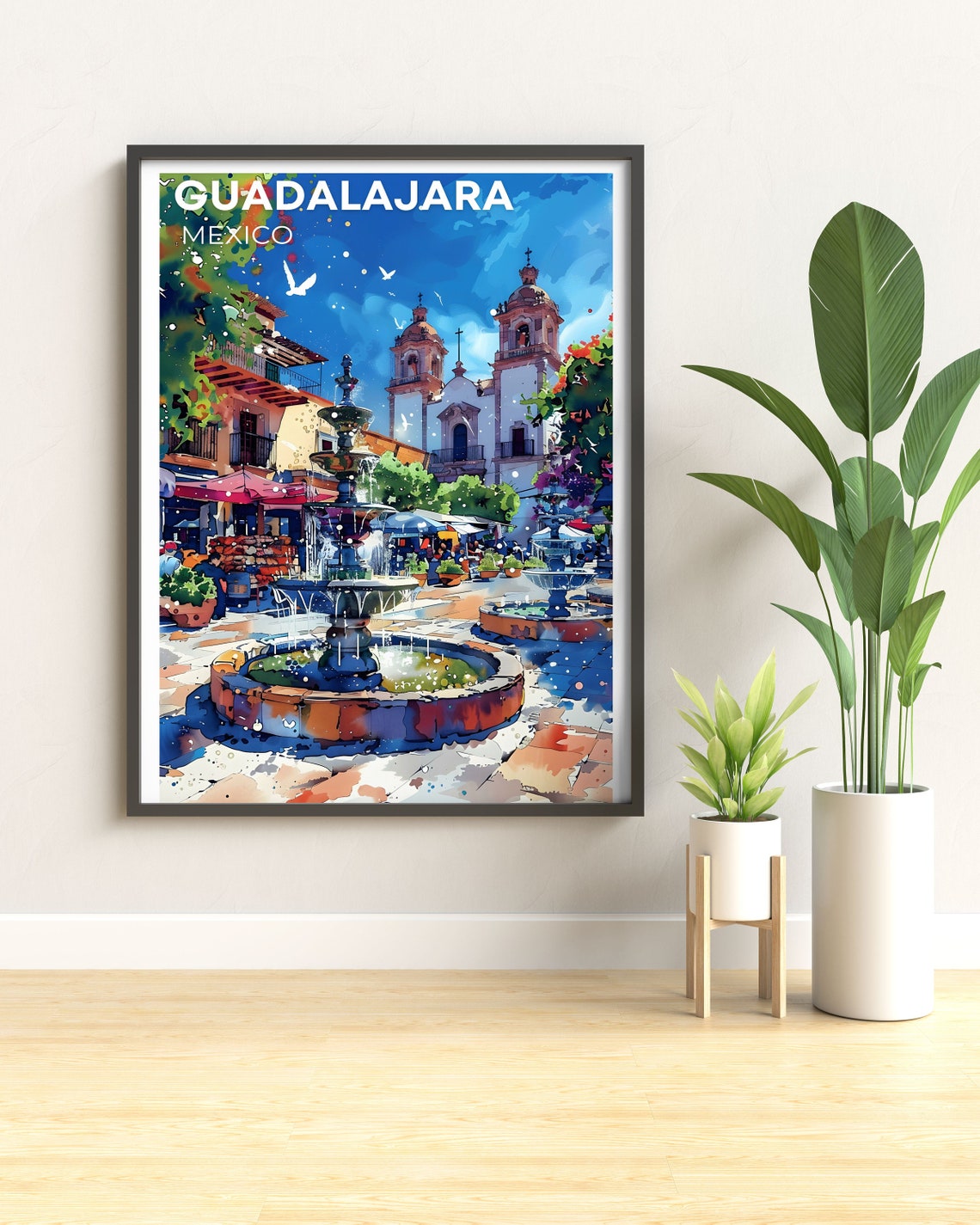 Guadalajara Mexico Plaza Fountain Watercolor Colonial Poster - Image 2