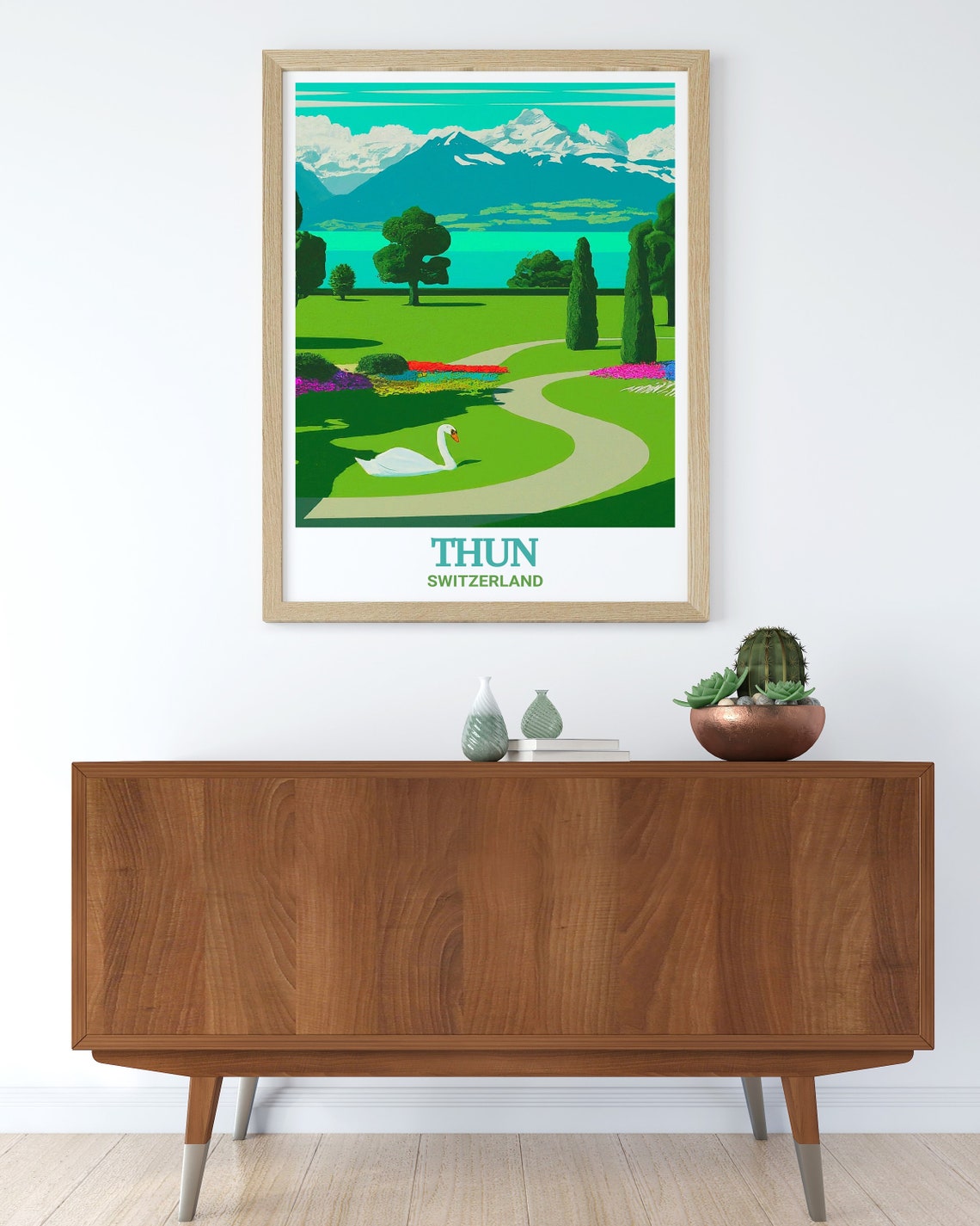 Thun Schadau Park Swan on Green Lakeside Gardens View Poster - Image 2
