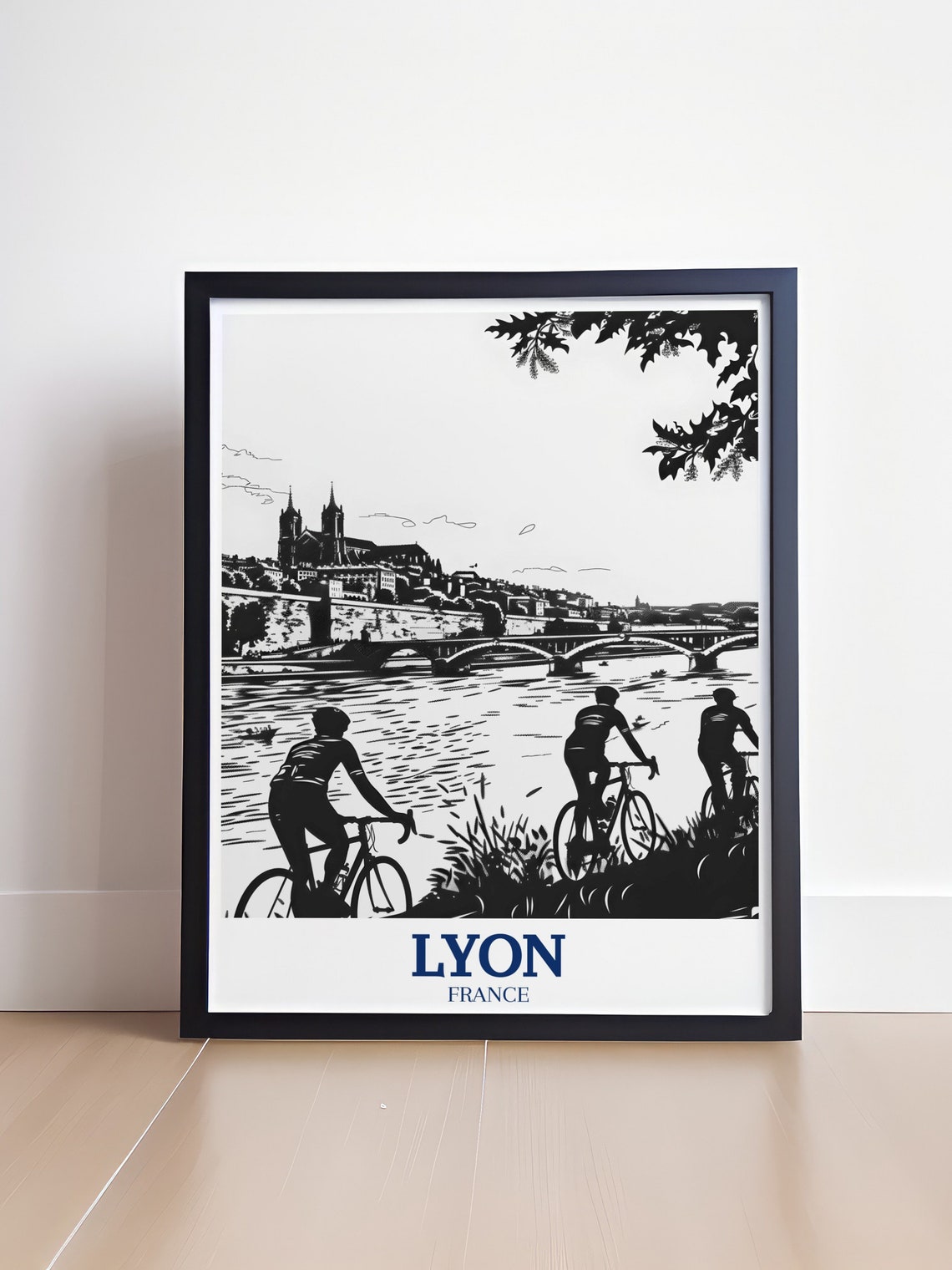 Lyon France Black White Riverbank Cyclists Bridge Art Poster - Image 4