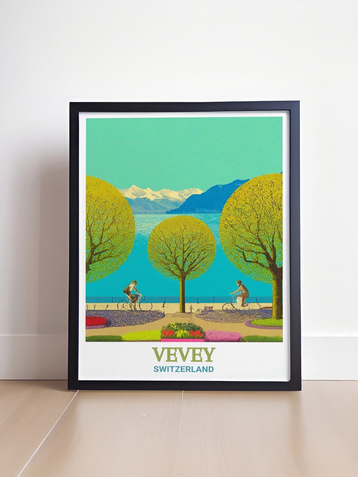 Vevey Lakeside Promenade Cyclists Along Lake Geneva Sunset Poster - Image 4