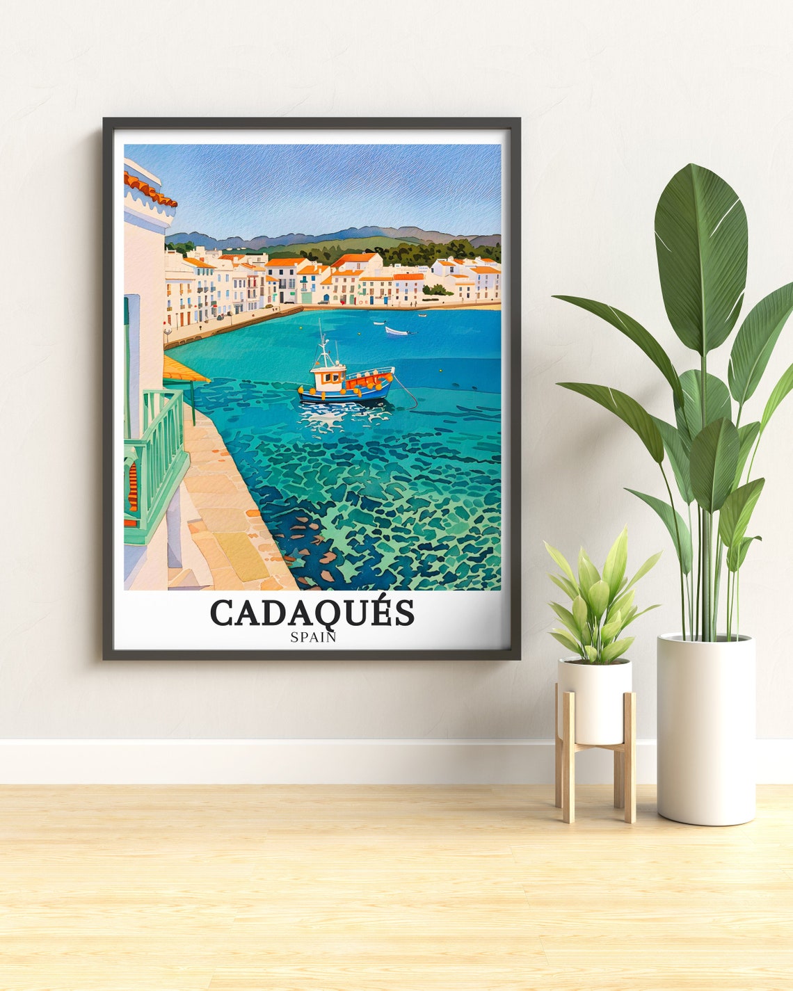 Cadaques Harbor Fishing Boat on Bright Turquoise Water Poster - Image 2