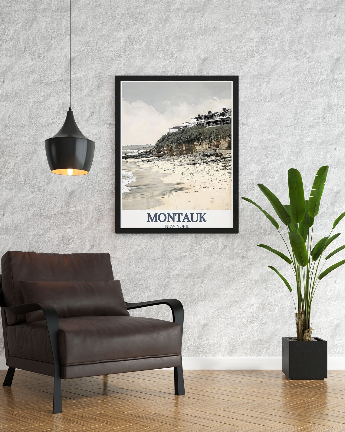Montauk Beach Cliffside Houses Waves Sandy Shore Travel Art Poster - Image 2