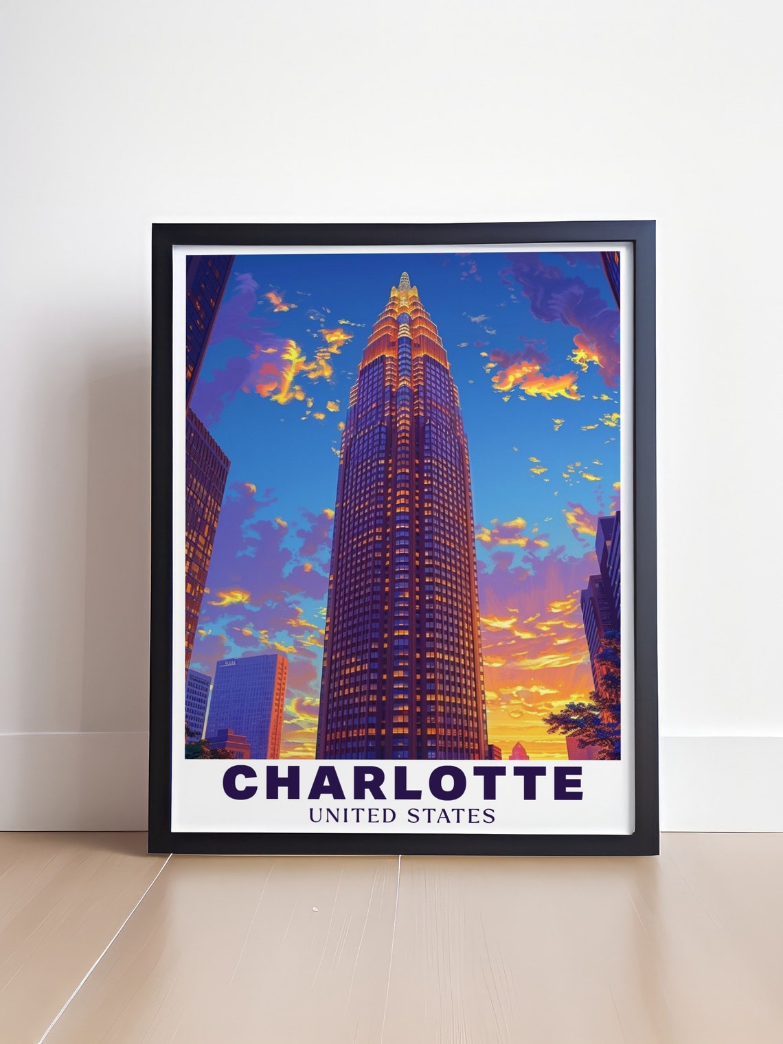 Charlotte Travel Print Bank Of America Corporate Center Art Iconic North Carolina Skyline Bank Of America Corporate Center Poster - Image 4