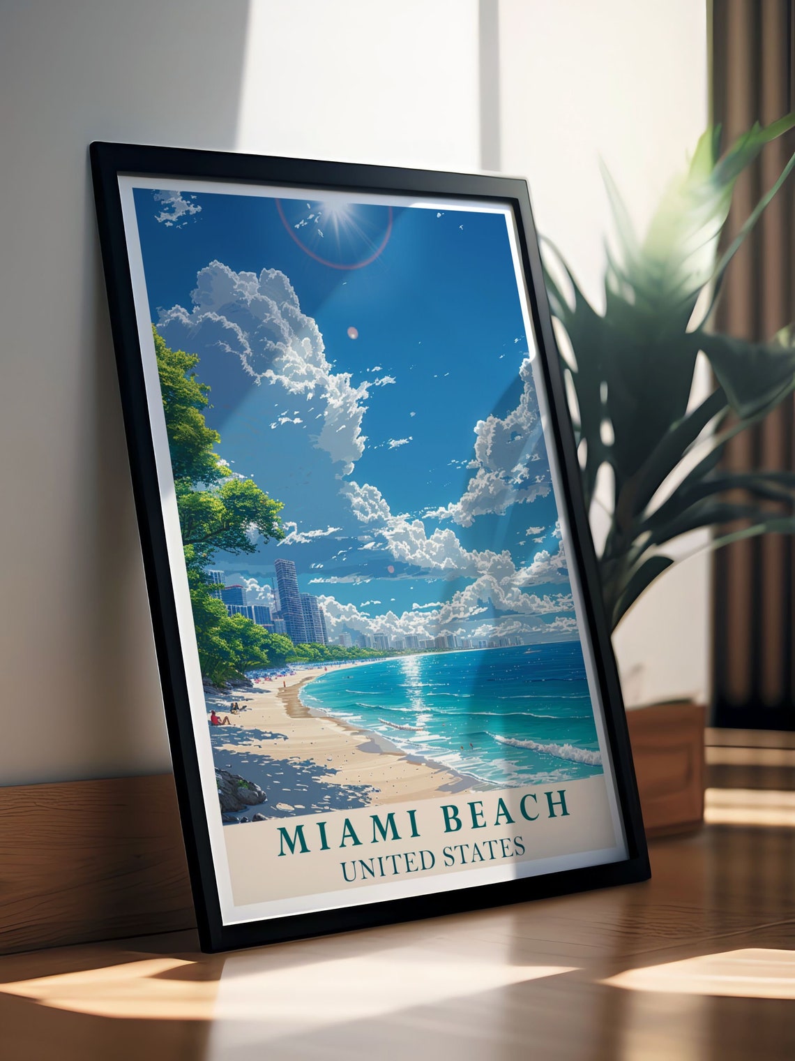 Miami Beach Sunny Shoreline With City Skyline And Clouds Poster - Image 2