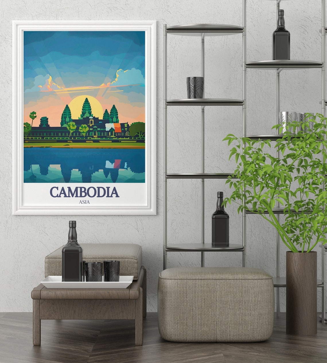 Angkor Wat Sunrise Reflection Cambodia Vintage Travel Poster - Image 3
