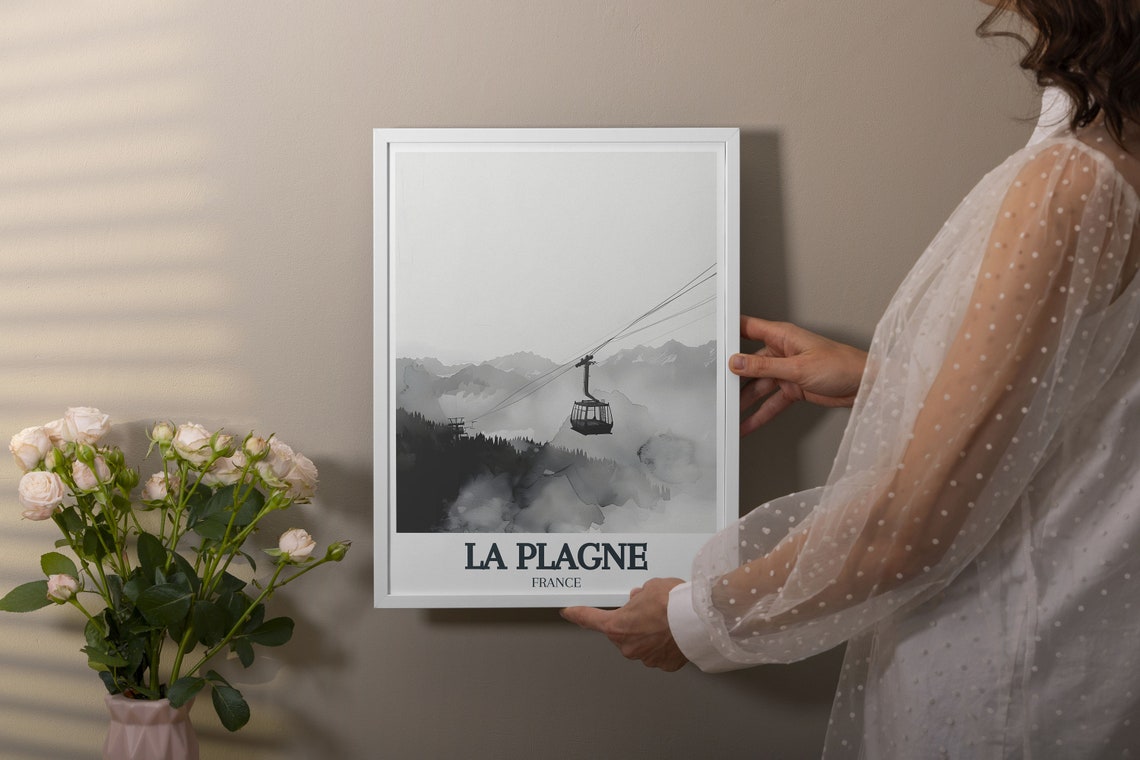 La Plagne Cable Car Misty Mountains Monochrome Watercolor Poster - Image 3