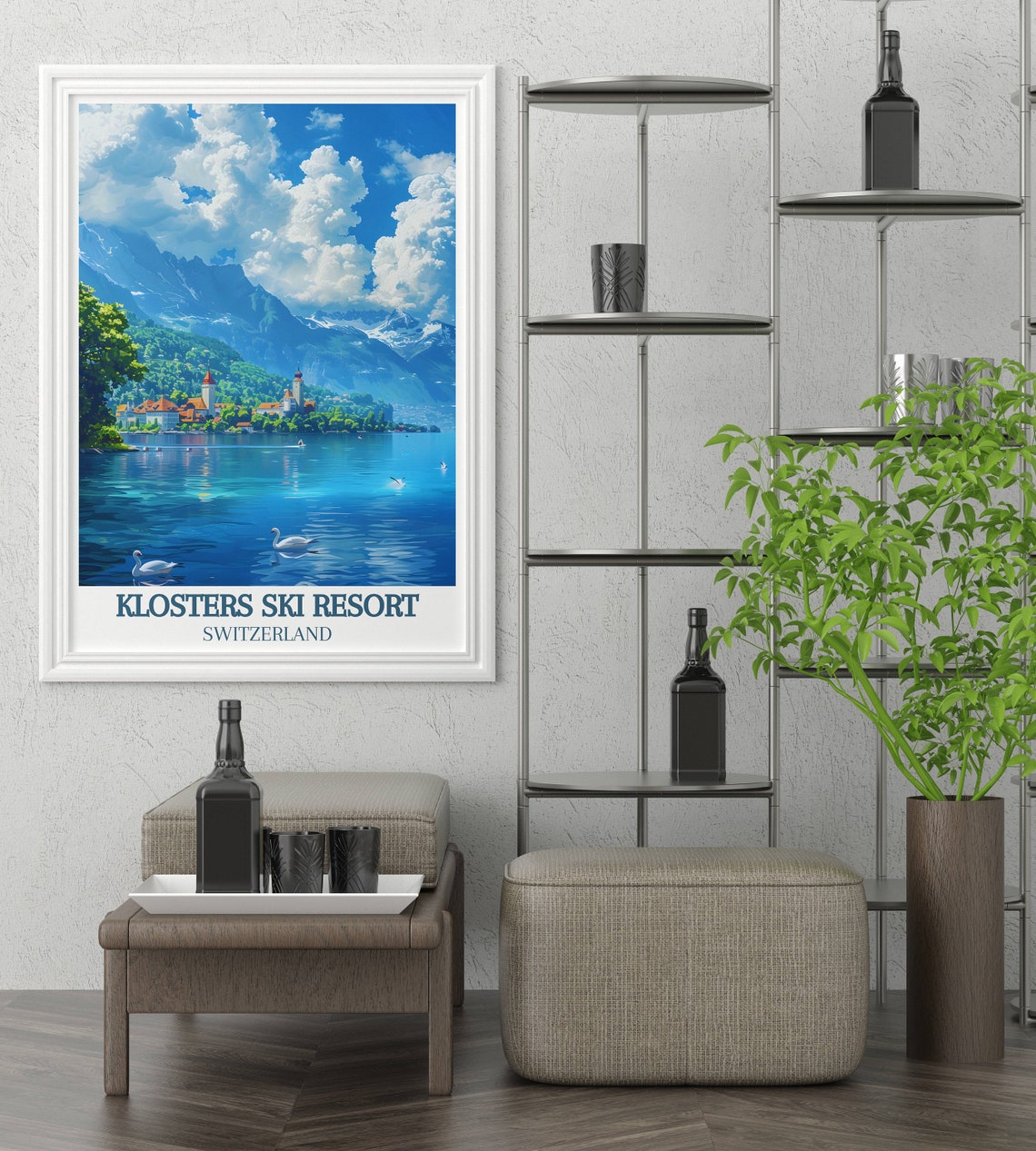 Swiss Alpine Lakeside Town Church Spires Swans and Snowy Peaks Poster - Image 2