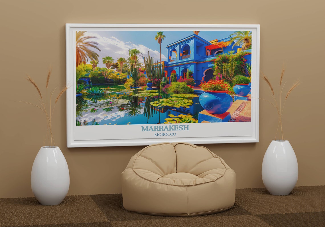 Marrakesh Majorelle Garden Palm Lily Pond Reflection Scene Poster - Image 3