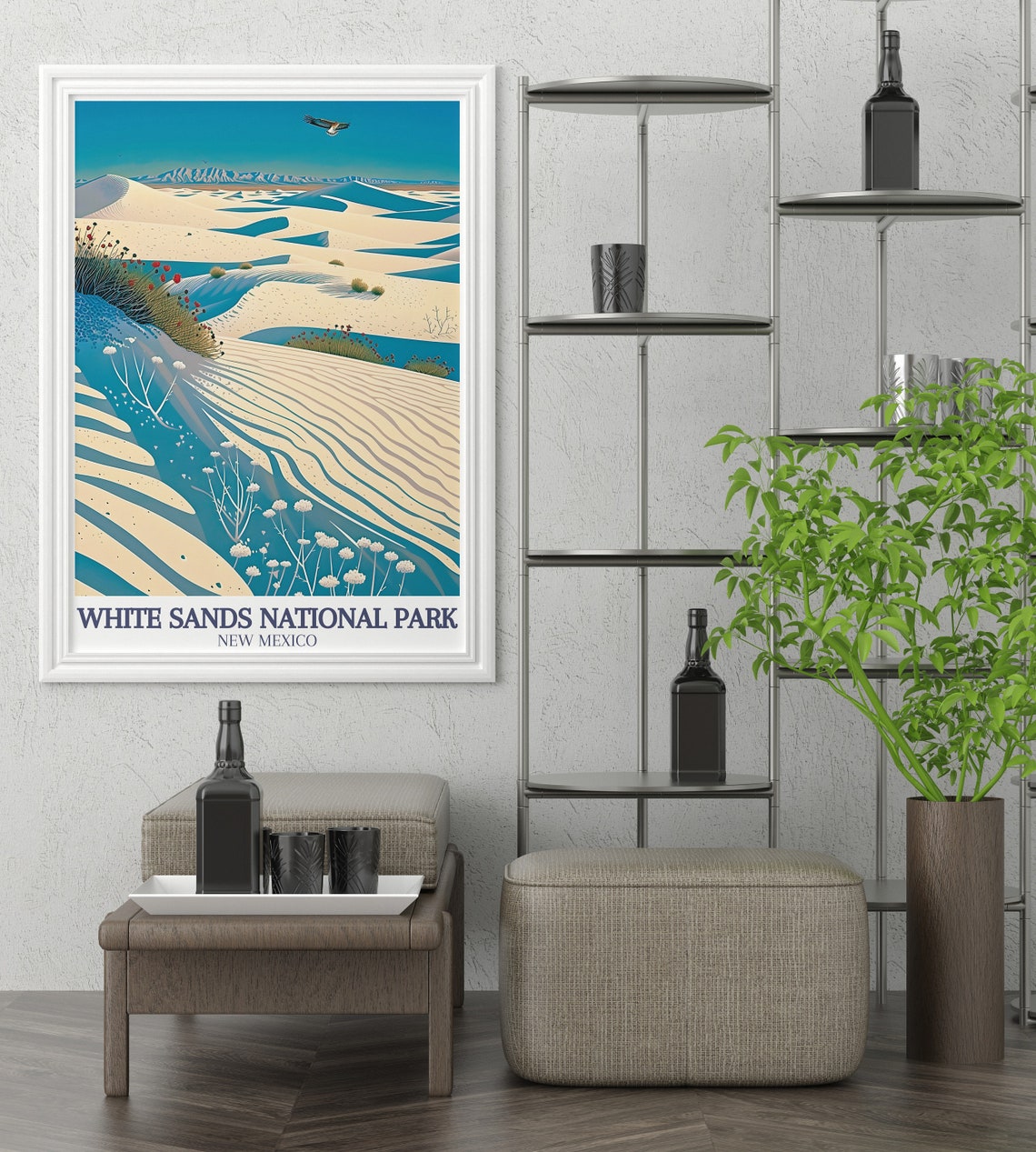 White Sands National Park Dunes Wildflowers Roadrunner Art Poster - Image 3