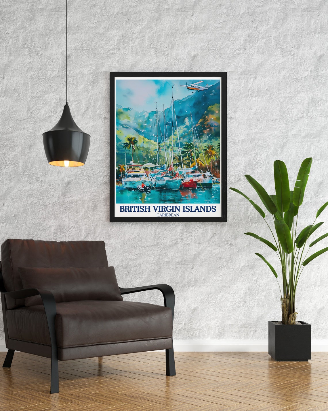 British Virgin Islands Marina Poster Sailboats Seaplane Watercolor - Image 3