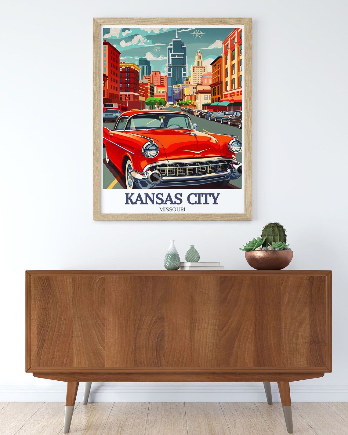 Kansas City Missouri Retro Red Classic Car Downtown Street Poster - Image 3
